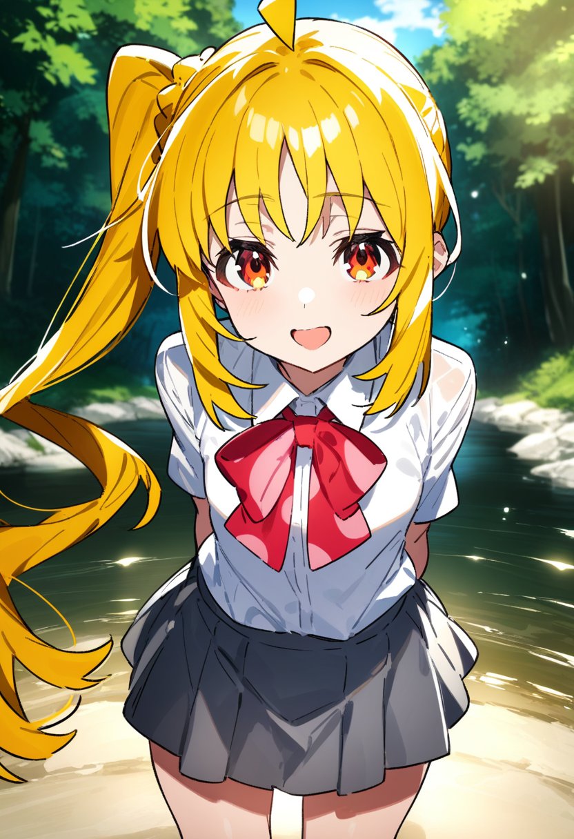 1girl, ijichi nijika, bocchi the rock!, anime coloring, mika pikazo, long hair, side ponytail, orange eyes, blonde hair, ahoge, open mouth, smile, small breasts, white shirt, collared shirt, grey skirt, arms behind back,forest, river, looking at viewer, outdoors,, masterpiece, best quality, very aesthetic, absurdres,