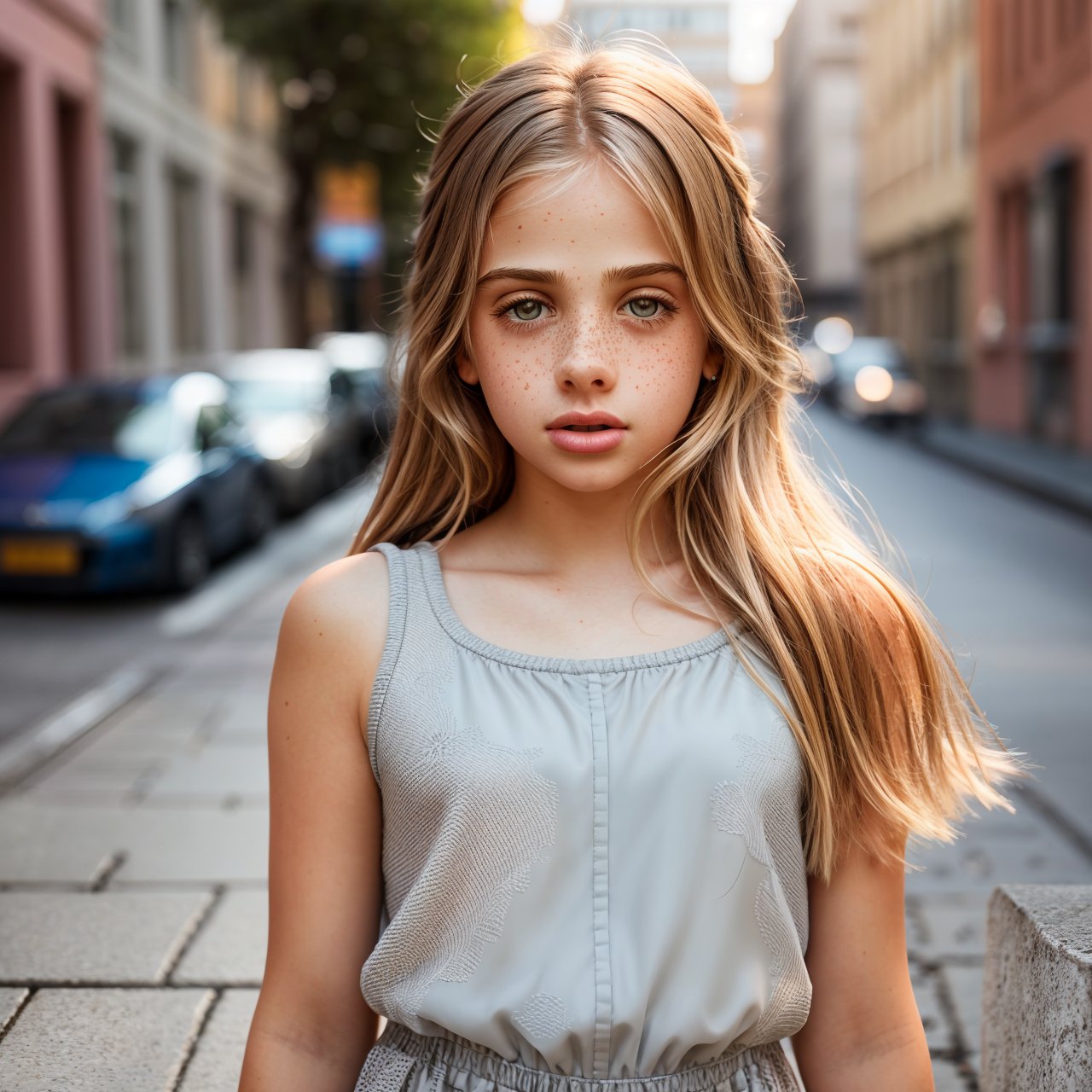 wallpaper view from above, full body portrait of self-assurance (AIDA_LoRA_InW2017:1.01) <lora:AIDA_LoRA_InW2017:0.91> in (simple light gray dress:1.1), [little girl], glossy skin with visible pores and freckles, pretty face, naughty, cinematic, kkw-ph1, (colorful:1.1), (on the street:1.1), buildings, cars, city, sunlight, outdoors