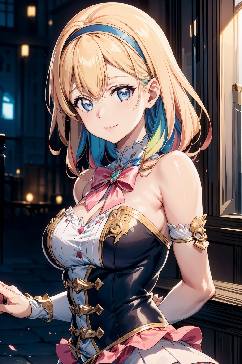 ((Top Quality, Masterpiece, Ultra High Definition, High Resolution, HDR, Unity 8K Wallpaper, Beautiful Details, Depth, Delicacy, Vibrant Colors)). A single girl in an anime style inspired by Epic Seven, detailed golden eyes, she has beautifully detailed eyes, lips and face, natural makeup, her eyelashes are long, intricate and revealing gyaru-style uniform, mini skirt, idol fashion, headband ribbon, accessories, her hands are not shown. Multicolored with detailed striped curly texture. Her hands are behind her back, a mix of rainbow colors and half white, half pink tones. The focus is on her upper body, capturing her smiling expression, arms down, accented mini skirt, this image highlights her charming and adorable appearance, exuding an erotic and cute vibe. The girl's hairstyle is distinctive and different, adding uniqueness to her look. She has her hands behind her back. This scene is rendered in ultra-high definition CG, every detail is crisp and sharp, idol fashion, layered mini skirts, black and white corsets, pastel colors, ribbons and bow accents, glamorous accessories, thigh-high stockings, high heels, anime style, detailed textures<lora:EMS-1093-EMS:0.300000>, <lora:EMS-31540-EMS:0.200000>, <lora:EMS-462030-EMS:0.600000>