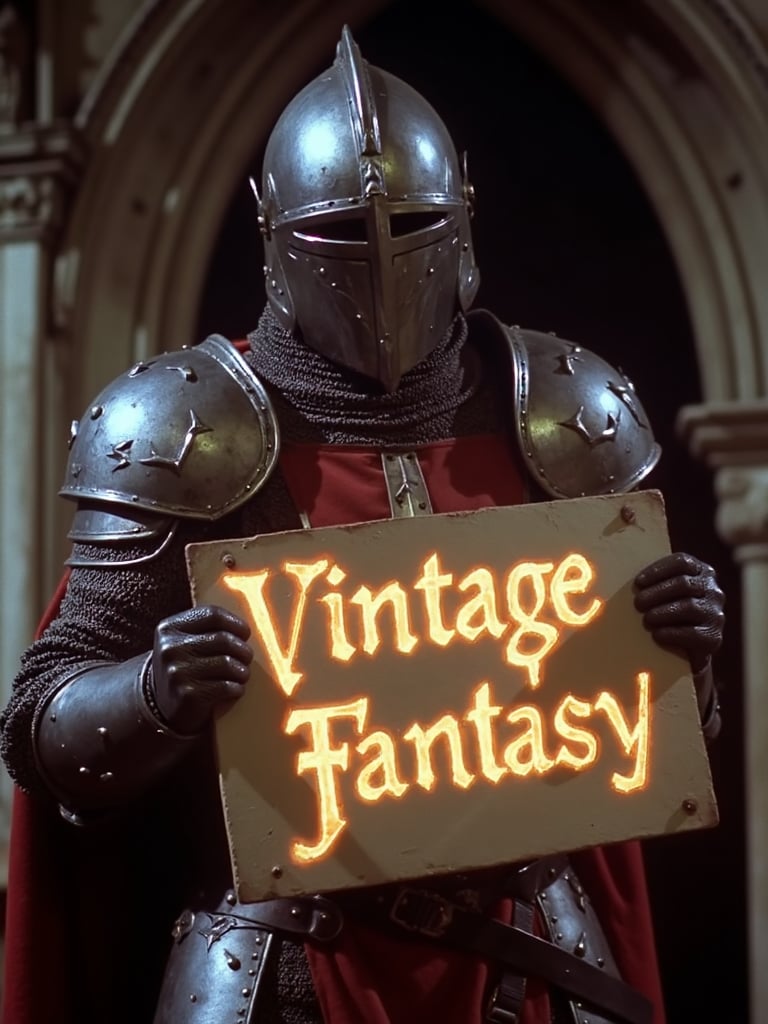 vntgfnts style, low quality, 1980 movie screengrab, dvd compression, cinematic, film grain, paladin templar in full plate armor and tabard, helmet with visor, he is holding a sign that says "Vintage Fantasy", text is old and scrathced glowing handwriting, dark and eerie atmosphere, fantasy, <lora:sxz-Vintage-Fantasy-Flux:1>