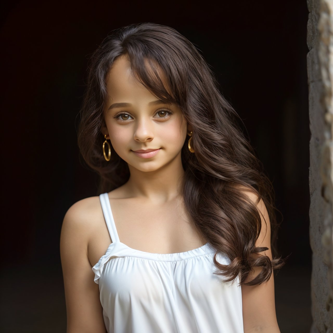 SFW, extra resolution, dolly short of smiling (AIDA_LoRA_SabiC:1.22) <lora:AIDA_LoRA_SabiC:0.96> wearing a white shirt and standing next to the stone wall, young girl, pretty face, long curly hair, hair blown by the wind, golden earrings, naughty, funny, happy, playful, intimate, cinematic, studio photo, kkw-ph1, hdr, f1.8