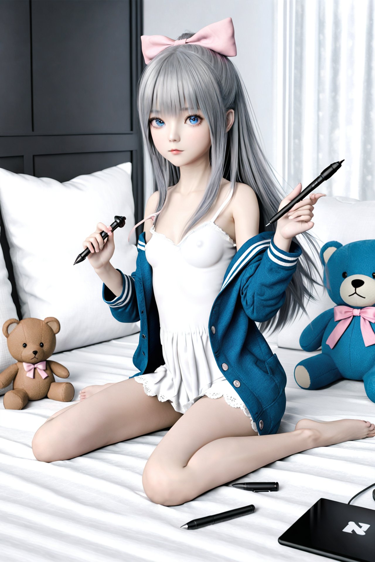 (masterpiece),(best quality),illustration,ultra detailed,hdr,Depth of field,(colorful),realistic,loli,1girl,solo,blue eyes,long hair,sitting,bow,looking at viewer,hair bow,stuffed toy,stylus,holding,grey hair,stuffed animal,barefoot,teddy bear,breasts,small breasts,jacket,indoors,off shoulder,closed mouth,pink bow,blunt bangs,blue jacket,wariza,on bed,long sleeves,drawing tablet,dress,bare shoulders,very long hair,strap slip,bare legs,open clothes,tablet pc,