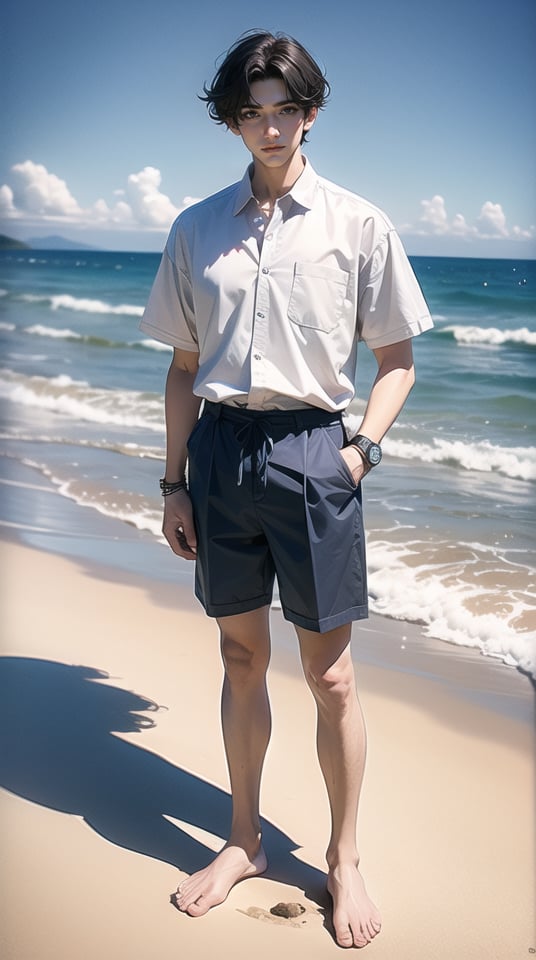 (best quality), ((masterpiece)), (highres), illustration, original, extremely detailed,dbj, 1boy, solo, male focus, outdoors, shirt, black hair, holding, white shirt, camera, beach, ocean, shorts, watch, barefoot, hand in pocket, day, sky, wristwatch, looking at viewer, holding camera, sand, full body, standing, blue sky, short hair, pocket, collared shirt, short sleeves, breast pocket