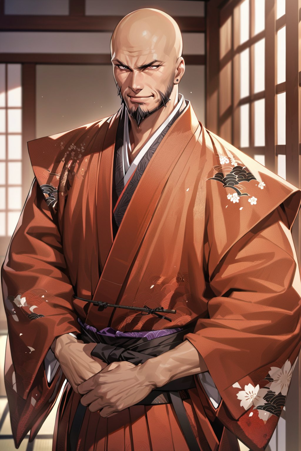 cowboy shot, (((smile))), saitou dousan, samurai, 1man, solo, japanese, male, kimono, bald hair, young man, beard, kataginuhanhakama,(masterpiece, high-quality, breathtaking, highres, ultra detailed), (expressive eyes, perfect face) <lora:saitou dousan 526:1>