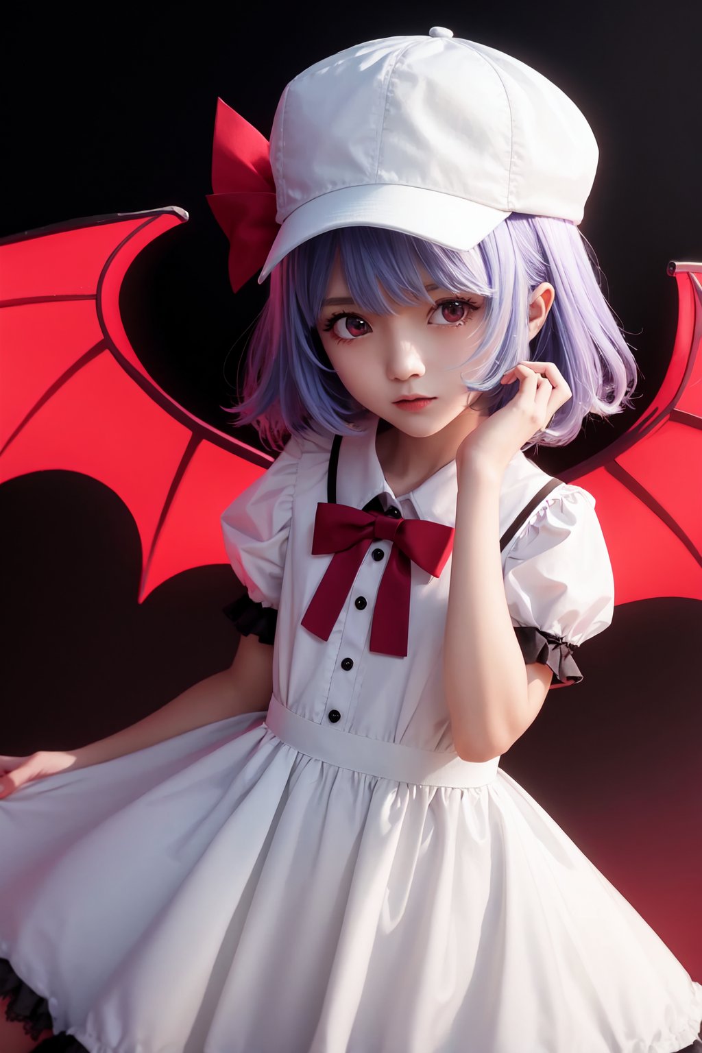 remilia_scarlet,solo,1girl,bat_wings,looking_at_viewer,mob_cap,puffy_short_sleeves,hat_ribbon<lora:remilia_scarlet:1>,simple background,white backgroundmasterpiece,best quality, highly detailed, 