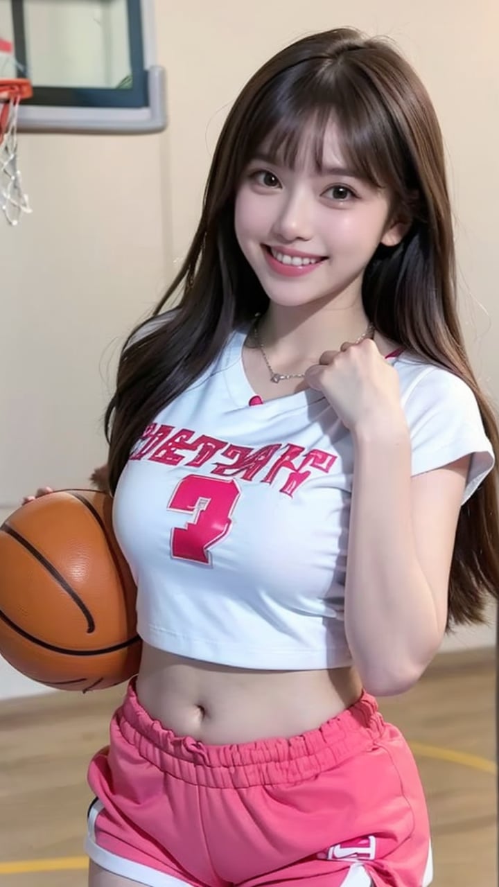 <lora:meinv215:0.8>,1girl, realistic, solo, long hair, navel, smile, shorts, basketball, holding ball, jewelry, necklace, shirt, looking at viewer, pink shorts, ball, indoors, midriff, teeth, brown hair, holding, white shirt, crop top, grin, bangs