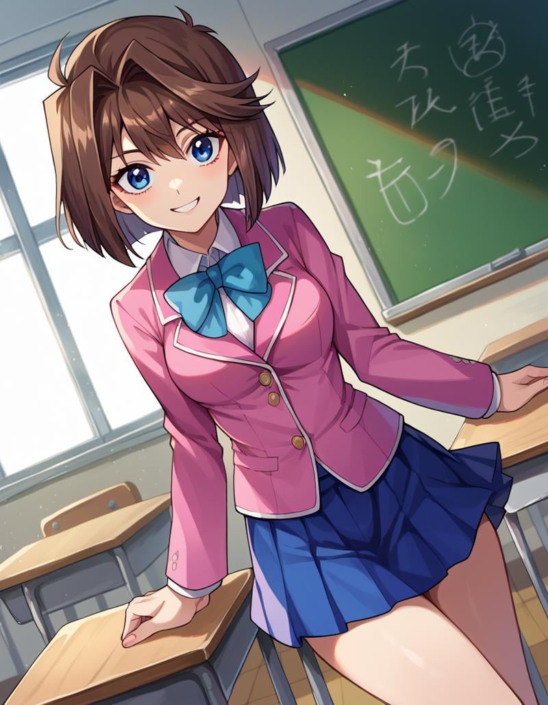 score_9, score_8_up, score_7_up, source_anime,anzumazaki, <lora:anzu-mazaki-ponyxl-lora-nochekaiser:1>anzu mazaki, blue eyes, brown hair, short hair,blazer, blue skirt, domino high school uniform, jacket, miniskirt, pink shirt, school uniform, shirt, skirt,indoors, classroom, smile,looking at viewer, cowboy shot, dutch angle,