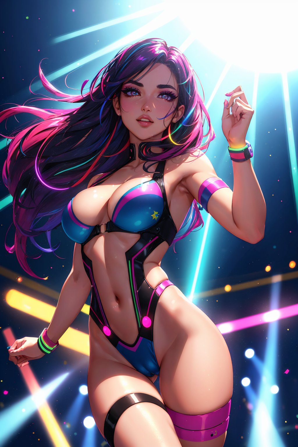 1girl, rave festival, night, light rays, edc, rave, highres, lens flare, led, masterpiece, cinematic lighting, perfect skin, long vivid colorful hair, toned, cameltoe, breast focus, legs focus, eyes, eyeshadow, pupils, eyebrows, nose, lips, teeth, face, hair, long hair, 1girl, solo