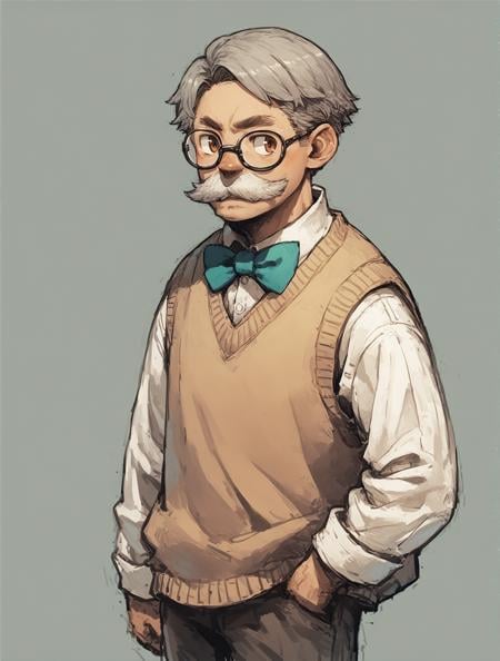 score_9, score_8_up, score_7_up, score_6_up, cowboy shot, solo, 1boy, short hair, grey hair, mustache, brown eyes, glasses, bowtie, sweater vest, long sleeves, pants, sketch, hatching \(texture\), <lora:momochichi:1>