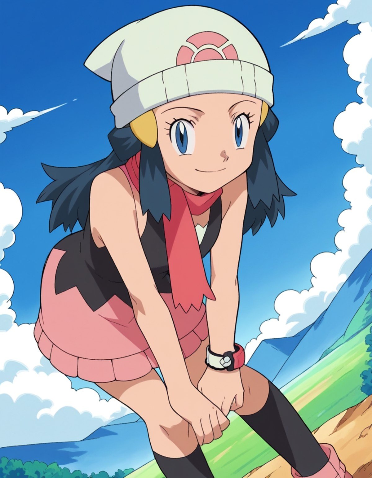 score_9, score_8_up, score_7_up, source_anime, pokemondawn, <lora:pokemon-dawn-anime-ponyxl-lora-nochekaiser:1>, pokemon dawn, black hair, blue eyes, sidelocks, long hair,, bare shoulders, beanie, black shirt, black socks, bracelet, hat, jewelry, kneehighs, miniskirt, pink skirt, red scarf, scarf, shirt, skirt, sleeveless, sleeveless shirt, white headwear,, landscape, bent over, smile, looking at viewer, solo, cowboy shot, dutch angle