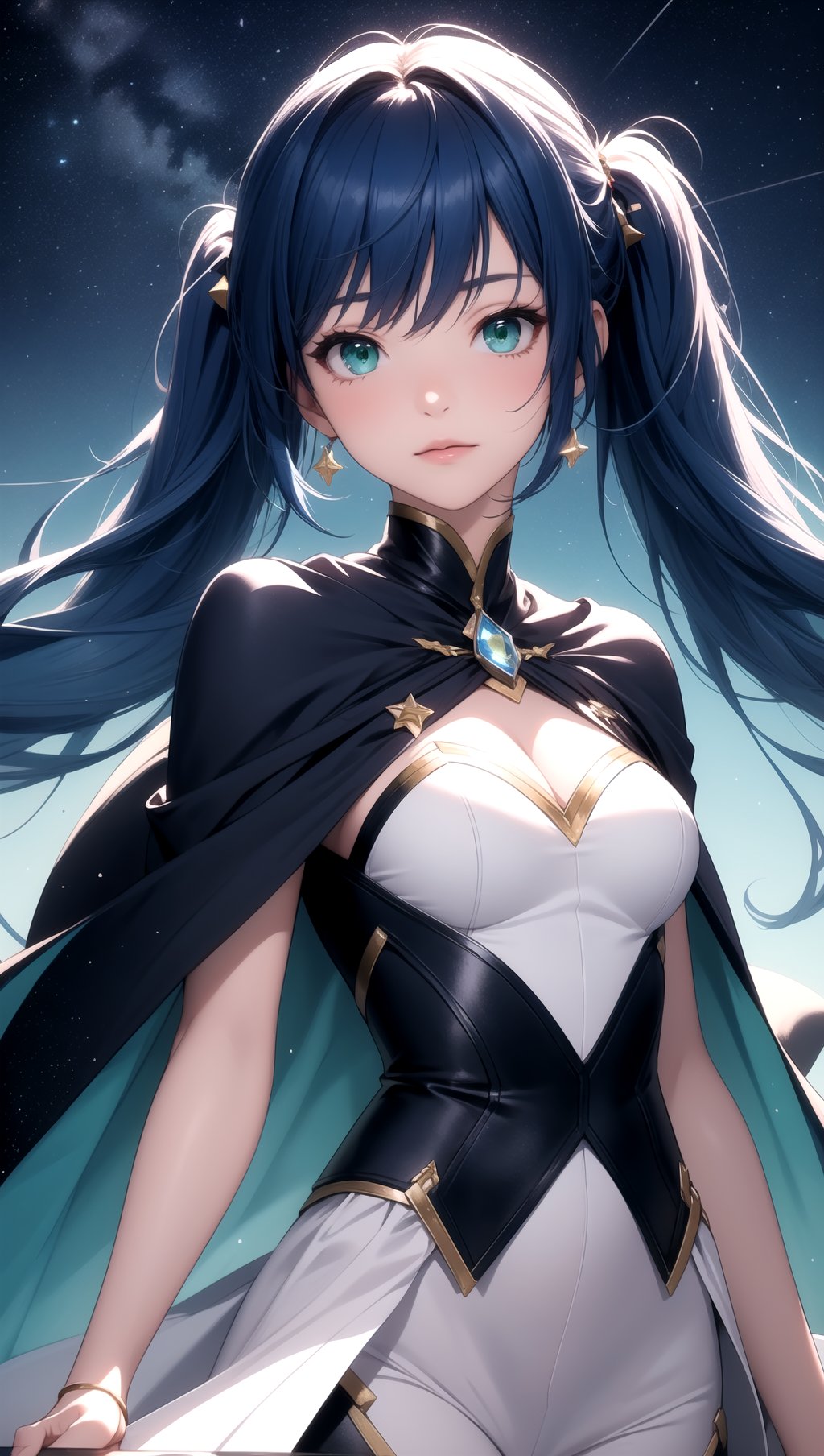 (masterpiece, best quality), 1girl, blue hair, green eyes, twintails, Enchantress velvet capes, starry sky, night, scenery, light particle, messy hair, looking at viewer,