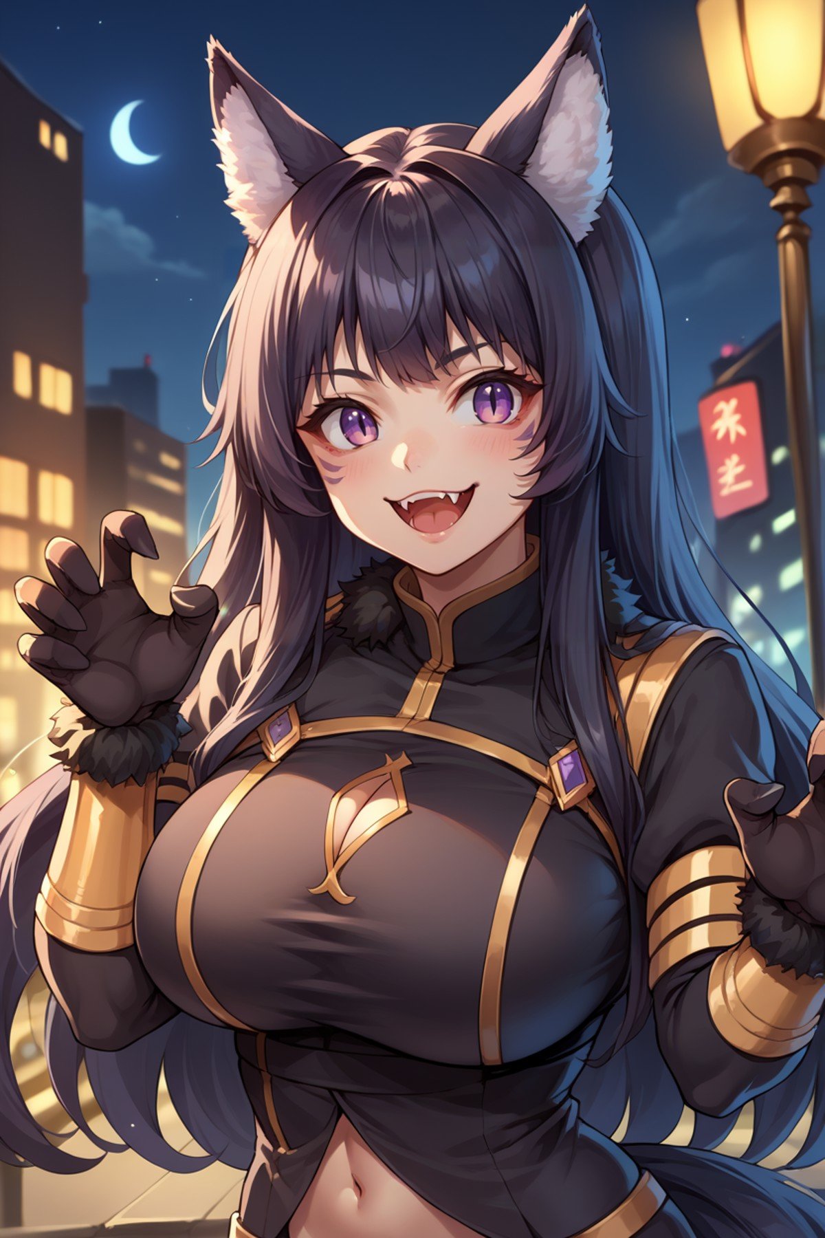 score_9, score_8_up, score_7_up, score_6_up, source_anime, 1girl, solo,  <lora:delta-pdxl-nvwls-v1-000005:1> delta, black hair, long hair, wolf ears, facial mark, black bodysuit, long sleeves, cleavage cutout, gold trim, navel, black gloves, fur trim, tail, happy, fangs, upper body, night sky, claw pose, city, night, big breasts