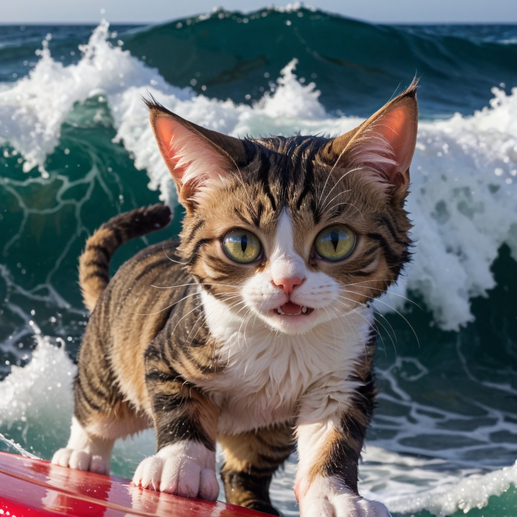 closeup photo,cute cat is surfing in the sea , big waves, natural light, suprides face