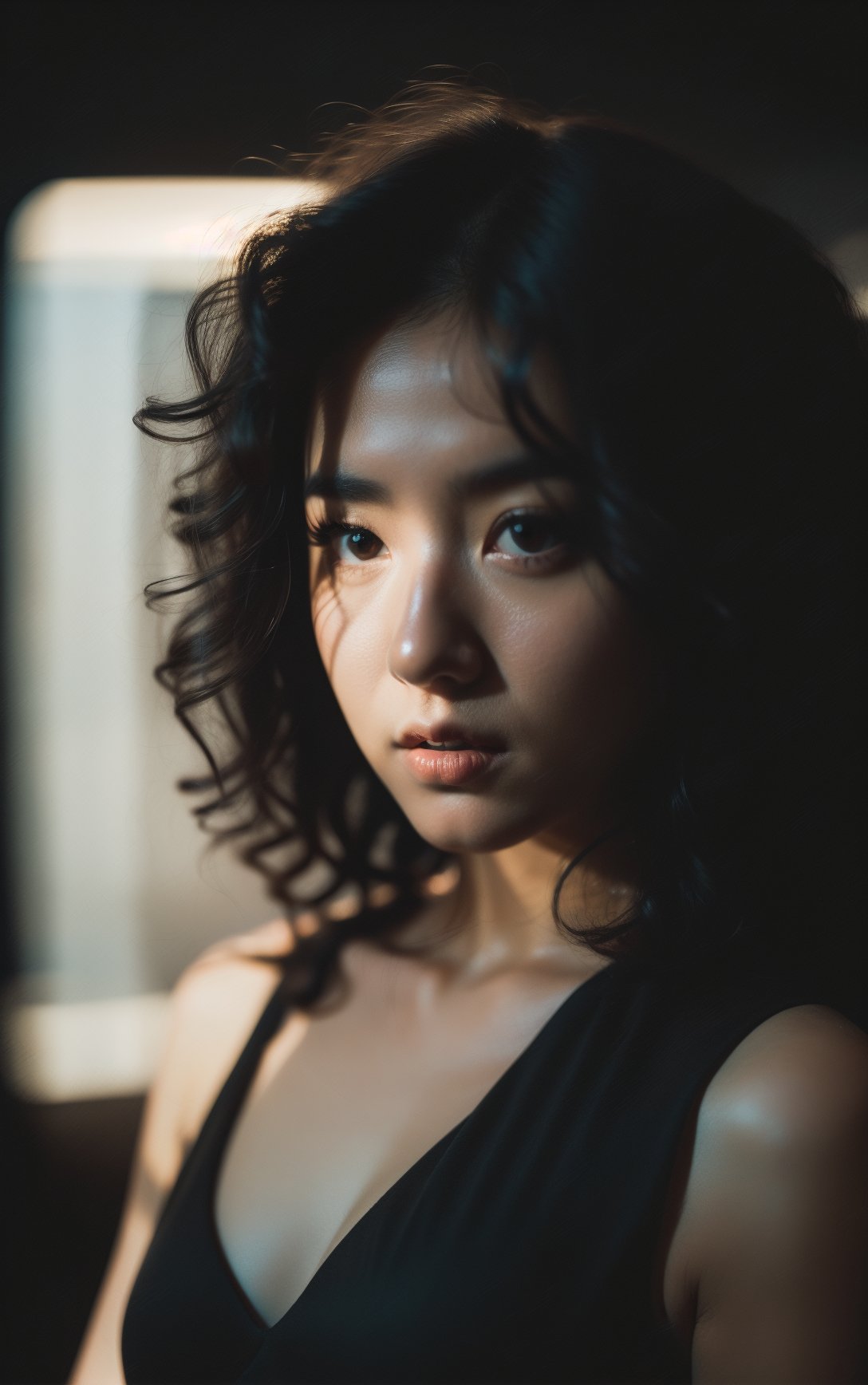 1girl,solo,upper body,curly hair,in the dark,dress,deep shadow,reflection light,depth of field,black background,simple background,( chiaroscuro,Fujicolor, UHD, super detail ,raw,85mm,f/1.2,FujifilmXT4,),1,