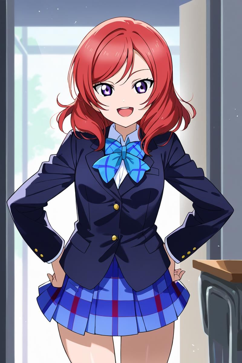 score_9, score_8_up, score_7_up, source_anime BREAK 1girl, solo, lovelive_maki, cowboy shot, school uniform, blue plaid skirt, black blazer, blue bowtie, red hair, swept bangs, medium hair, purple eyes, tsurime, looking at you, smile, open mouth, hand on hips <lora:lovelive_maki:1>