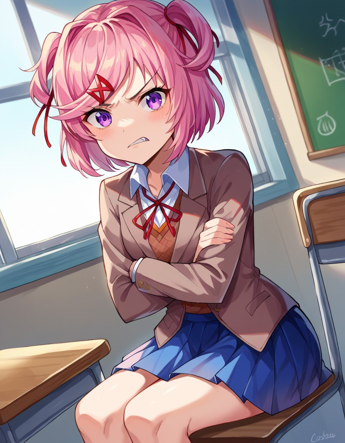 score_9, score_8_up, score_7_up, source_anime,ddlcnatsuki, <lora:ddlc-natsuki-ponyxl-lora-nochekaiser:1>ddlcnatsuki, fang, hair ornament, pink hair, purple eyes, short hair, short sidetail, swept bangs, x hair ornament,blazer, blue skirt, brown jacket, collared shirt, jacket, long sleeves, miniskirt, neck ribbon, pleated skirt, red ribbon, ribbon, school uniform, shirt, skirt, swept bangs, vest, white shirt, wing collar, x hair ornament,indoors, classroom, sitting, crossed arms, desk, chair, angry, anger vein,looking at viewer, dutch angle, cowboy shot, 