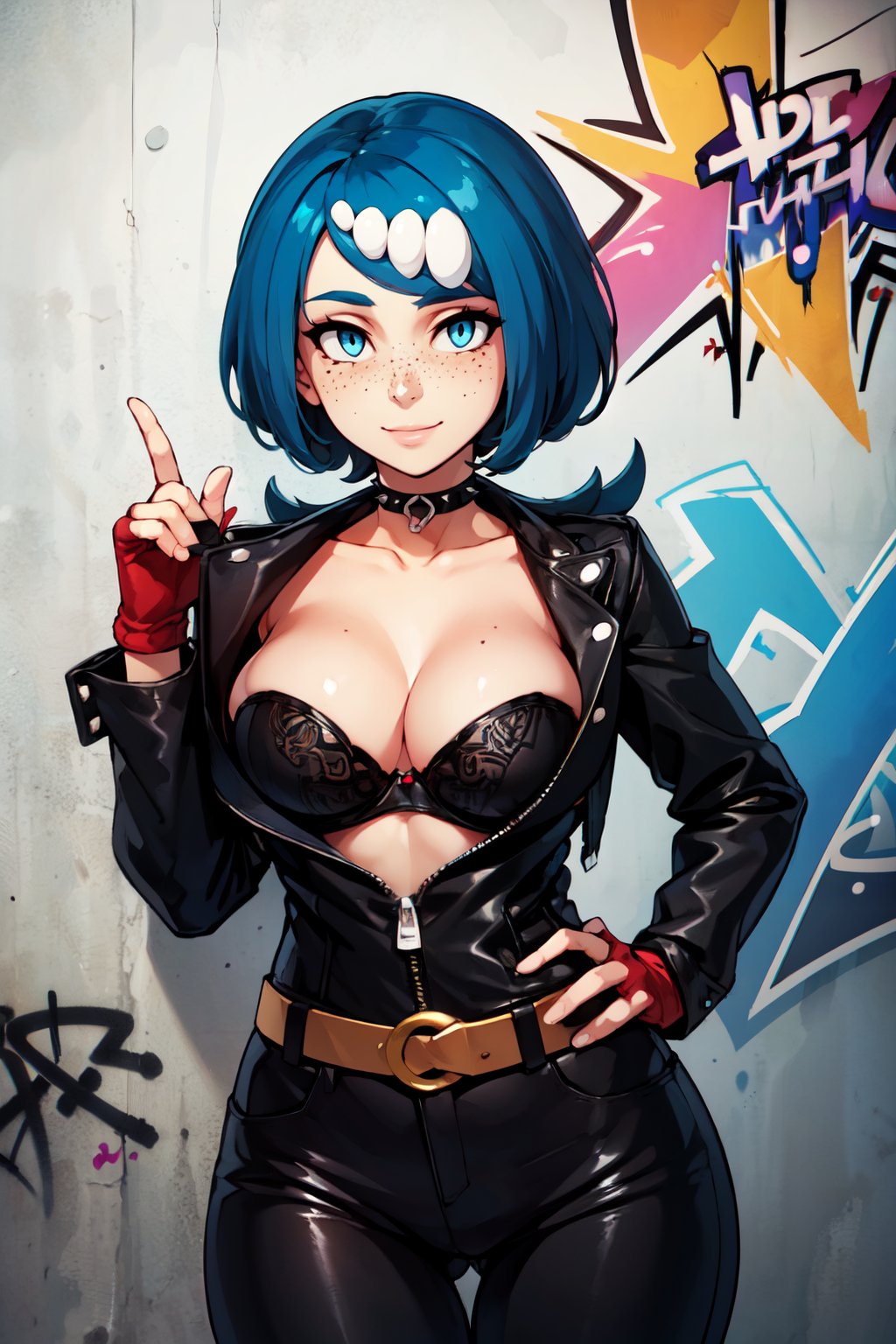 ((masterpiece,best quality)), absurdres,  BREAK,, <lora:Lanas_Mother_Pokemon:0.8>, zzLanasMother, blue hair, blue eyes, long hair, freckles, large breasts, hair ornament, , BREAK, leather jacket, leather pants, strapless bra, black jacket, tight pants, black choker, zipper, fingerless gloves, biker clothes, spikes, unzipped, multiple belts, shiny clothes, high collar, (graffiti:1.2), brick wall,, BREAK, solo, smile, looking at viewer, cowboy shot,