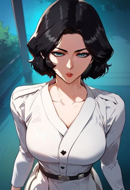 highly detailed, masterpiece, score_9,score_8_up,score_7_up, (manhwa artstyle), 1girl, ShinJiyeh, light blue eyes, black hair, short hair, mole near lips, daily uniform, looking viewer, windy atmosphere, cowboy shot, from above, trees blossoming 