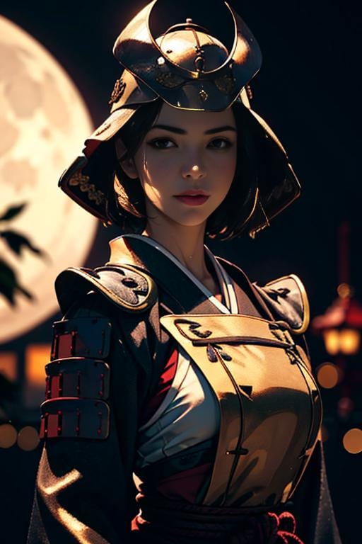 1woman, portrait,  a beautiful girl wearing samurai helmet,  short hair, looking at viewer, japan castle in front of full moon center in frame, <lora:samuraiLoraV01:0.8>, Photorealistic, Hyperrealistic, Hyperdetailed, analog style, hip cocked, demure, low cut, detailed skin, matte skin, soft lighting, subsurface scattering, realistic, heavy shadow, masterpiece, best quality, ultra realistic, 8k, golden ratio, Intricate, High Detail, film photography, soft focus,  blurry background,