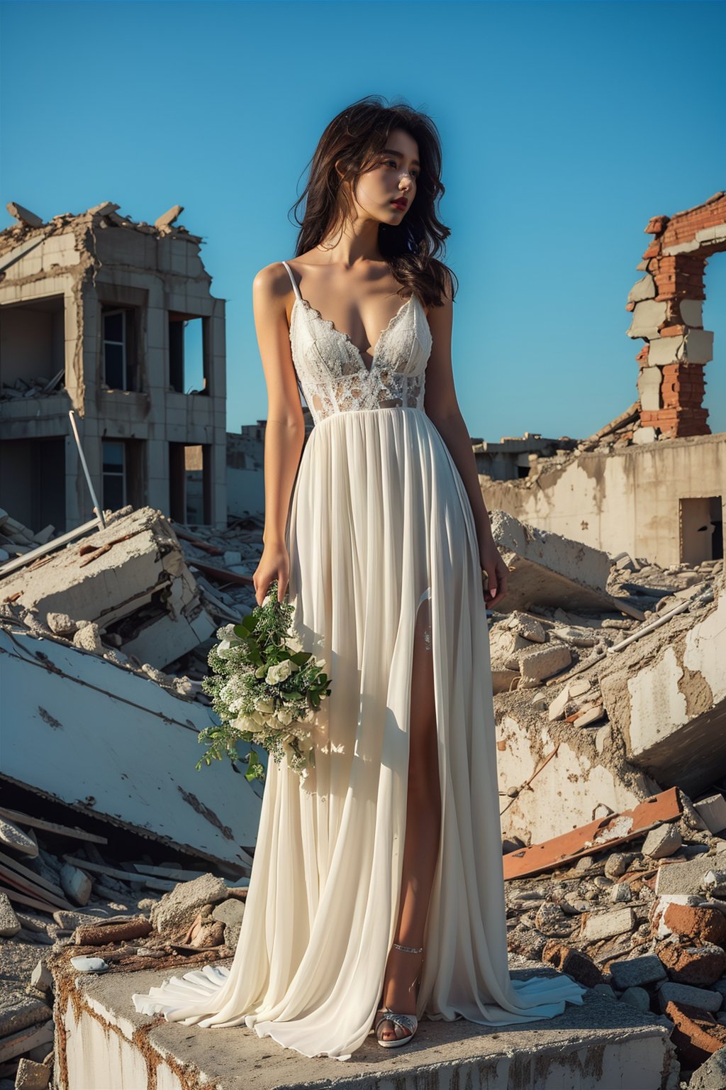 1girl,white dress,bouquet,rubble_ruins,<lora:麻袋2024-008:0.6>,full body, masterpiece,best quality,ultra-detailed,