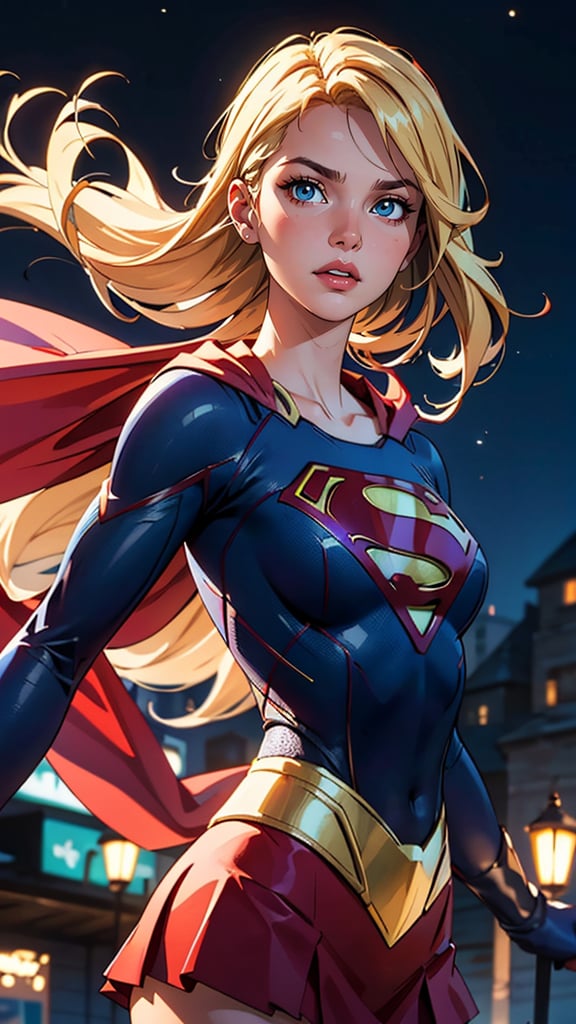 (best quality, masterpiece, colorful, dynamic angle, highest detailed)(Supergirl), upper body photo, fashion photography of cute blonde long hair girl (Supergirl), dressing high detailed Supergirl suit (high resolution textures), in dynamic pose, bokeh, (intricate details, hyperdetailed:1.15), detailed, moonlight passing through hair, perfect night, (fantasy background), (official art, extreme detailed, highest detailed), HDR+