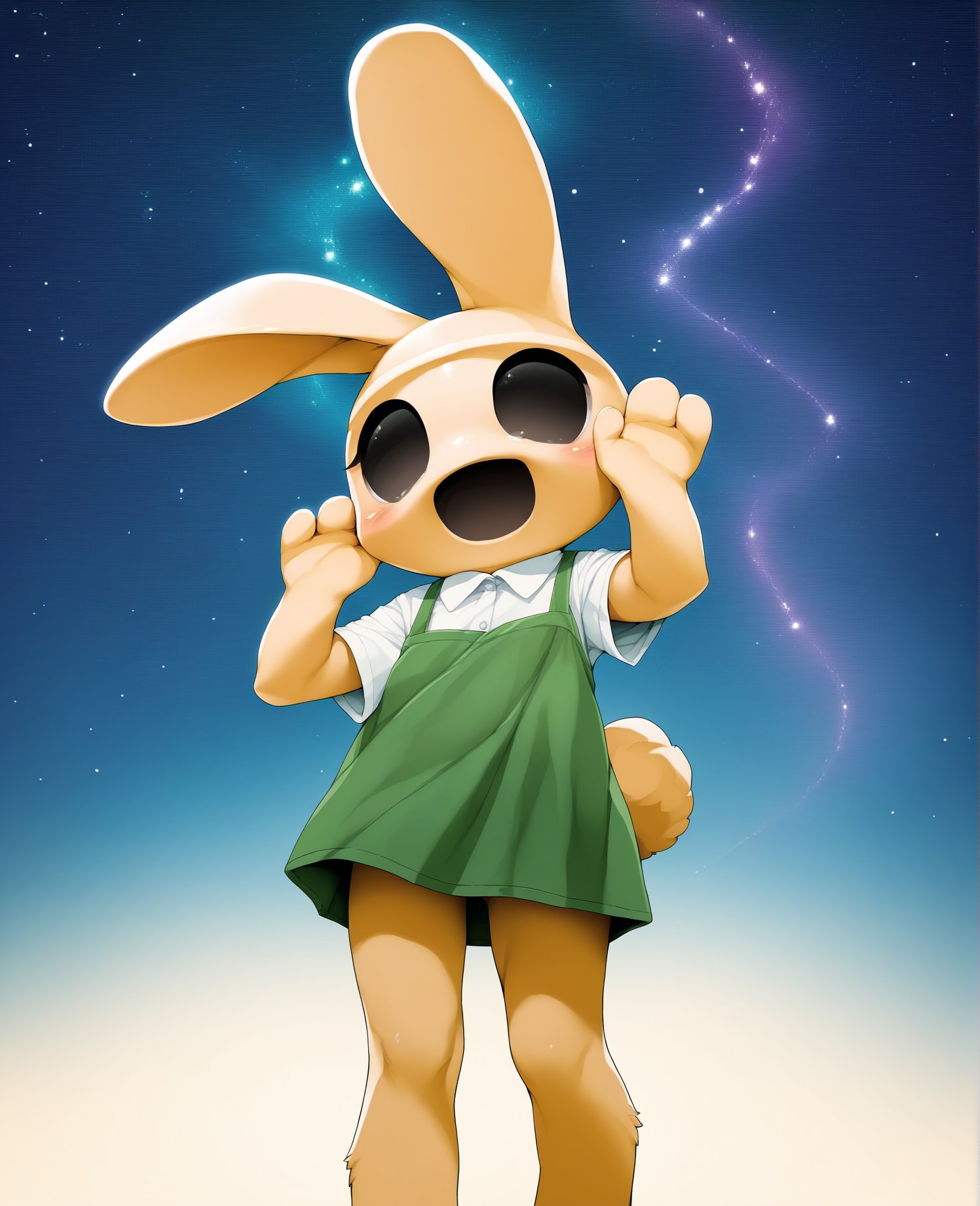score_9, score_8_up, score_7_up, score_6_up, score_5_up, score_4_up, source_furry, ulu8, 7x90um, coco \(animal crossing\), animate inanimate, gyroid, lagomorph, leporid, mammal, rabbit, anthro, biped, clothed, clothing, empty eyes, female, noseless, open mouth, green clothing, white shirt, dress, solo, standing, topwear, (detailed background:1.1), looking at viewer, (simple eyes, simple face:1.2), (starry sky:1.2), happy, smile, (>:(:1.2)<lora:coco_pdxl:1>