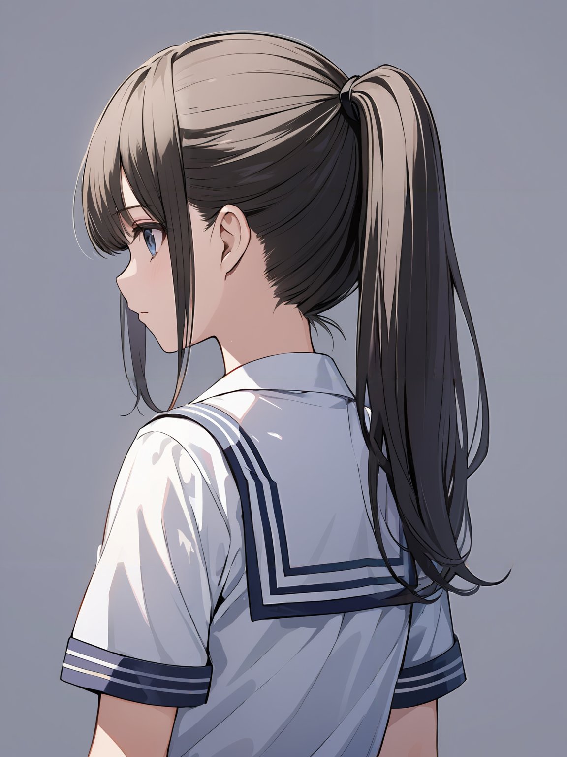 masterpiece,ultra-detailed,best quality,8K,illustration,cute face,clean skin ,shiny hair,girl,ultra-detailed-eyes,simple background, <lora:add-detail-xl:1> <lora:pony straight_XL_V1.0:1> ponytail,straight hair,school uniform,from behind