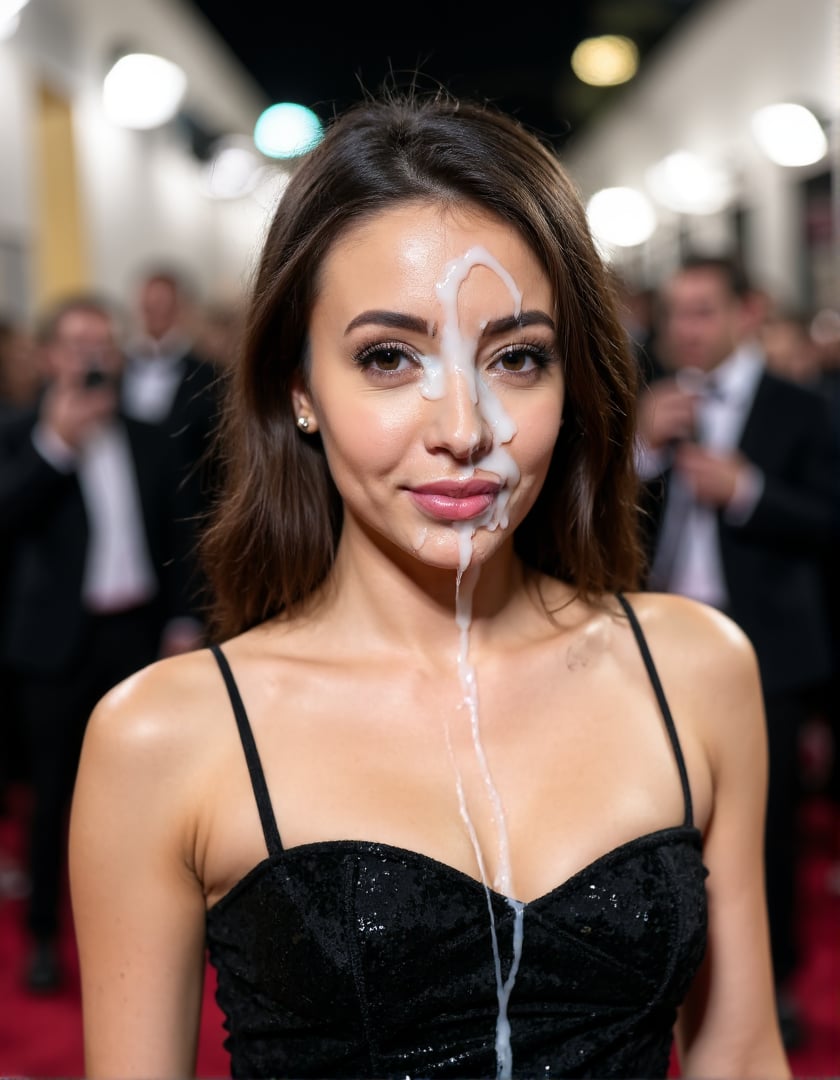 The close-up photo captures an actress walking down the red carpet. She exudes confidence. She has a massive amount of cum on her face  She's wearing an elegant black gown, the black fabric shimmering under the bright lights. Her eyes are focused ahead, a subtle smile on her lips, and behind her, the blurred flashes of cameras and a sea of onlookers complete the glamorous scene. There is thick white cum dripping down over her left eye. . long cum ropes, thick cum, vertical ropes, cum in hair, cum over eye