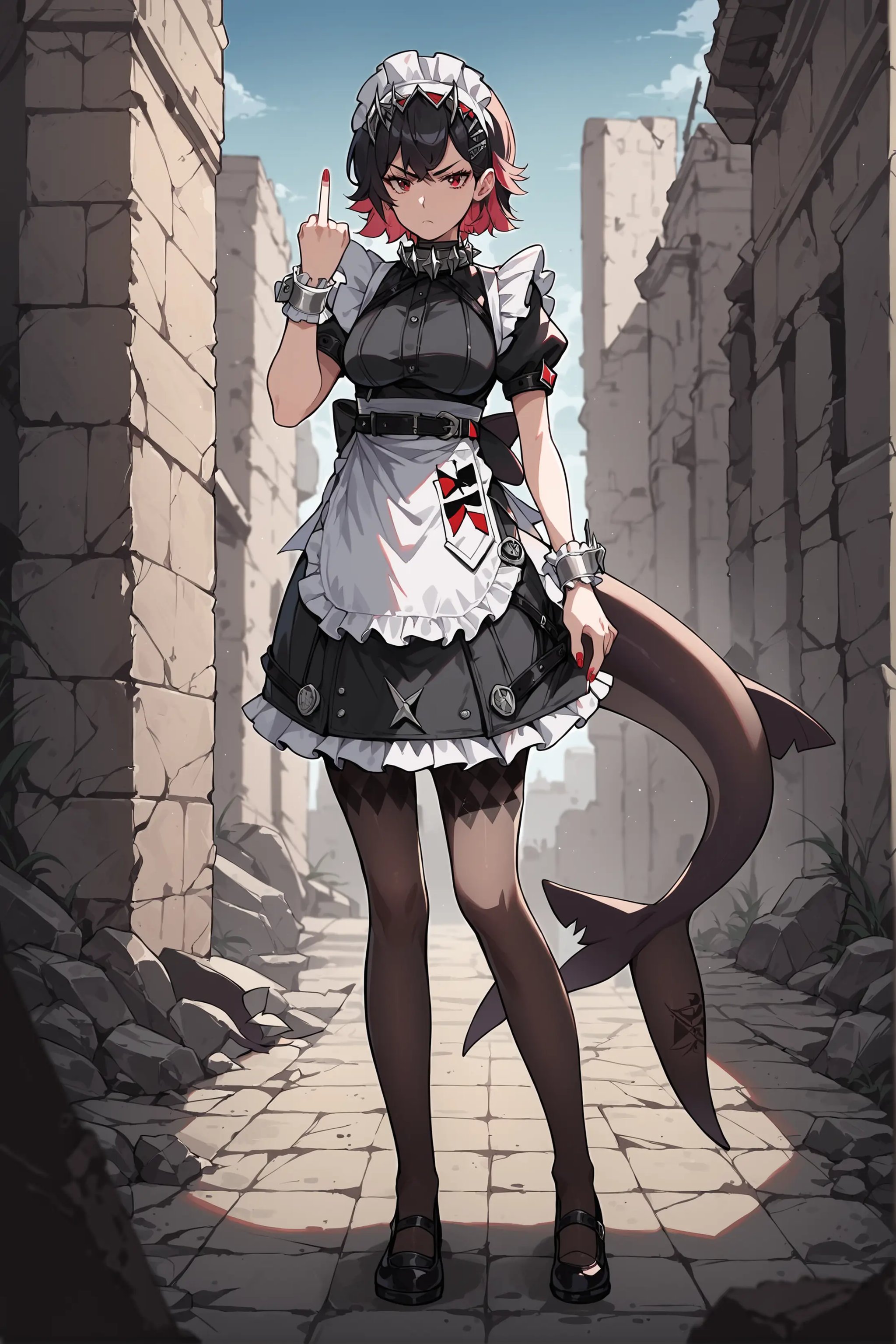 score_9, score_8_up, score_7_up, source_anime, 1girl, ellen joe, solo, hairclip, argyle pantyhose, red nails, black footwear, maid headdress, maid apron, wrist cuffs, maid dress, shark tail, spiked collar, looking at viewer, annoyed, middle finger, ruins, outdoors, depth of field, standing, full body  <lora:Char-ZZZ-EllenJoe-pony-V1:0.8>  <lora:Style-Expressive_H-pony:0.8>