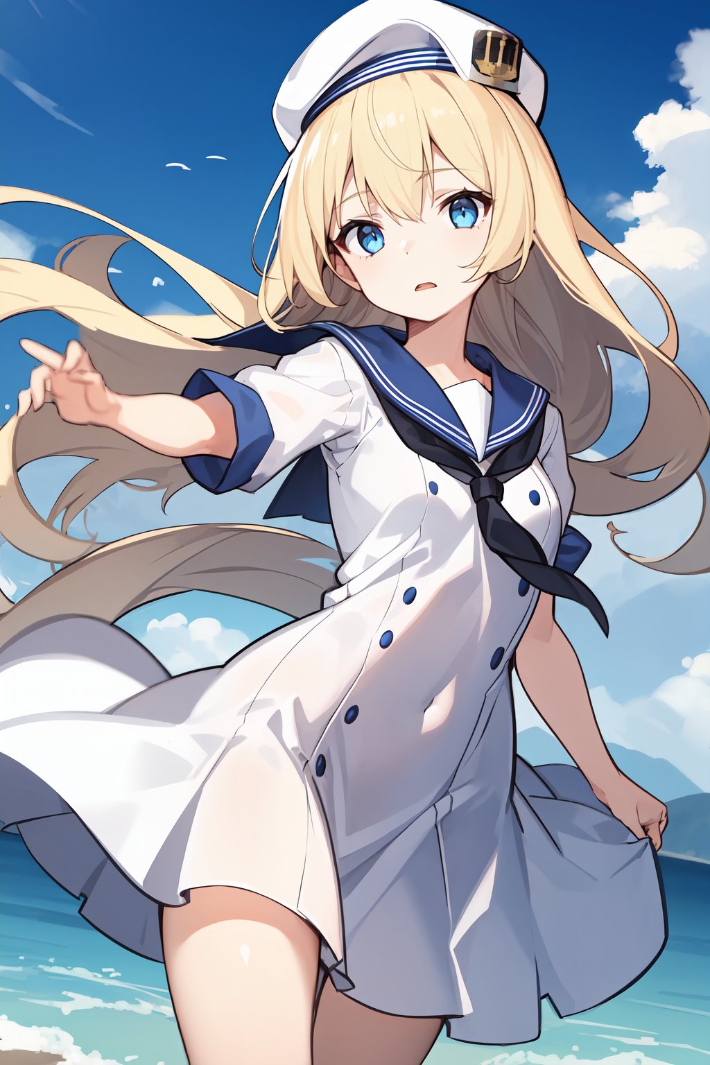 1girl, , blonde hair, blue eyes, dress, garrison cap, hat, headgear, long hair, open mouth, sailor dress, solo, 