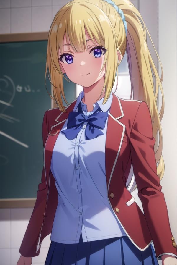 keikaruizawa, <lora:kei karuizawa s2-lora-nochekaiser:1>, kei karuizawa, long hair, bangs, blunt bangs, (purple eyes:1.1), blonde hair, shirt, hair ornament, ponytail, scrunchie, blue scrunchie, smile,BREAK skirt, shirt, bow, school uniform, jacket, (red jacket:1.2), pleated skirt, bowtie, sweater, (blue bow:1.2), (blue shirt:1.2),BREAK indoors, classroom,BREAK looking at viewer, (cowboy shot:1.5),BREAK <lyco:GoodHands-beta2:1>, (masterpiece:1.2), best quality, high resolution, unity 8k wallpaper, (illustration:0.8), (beautiful detailed eyes:1.6), extremely detailed face, perfect lighting, extremely detailed CG, (perfect hands, perfect anatomy),