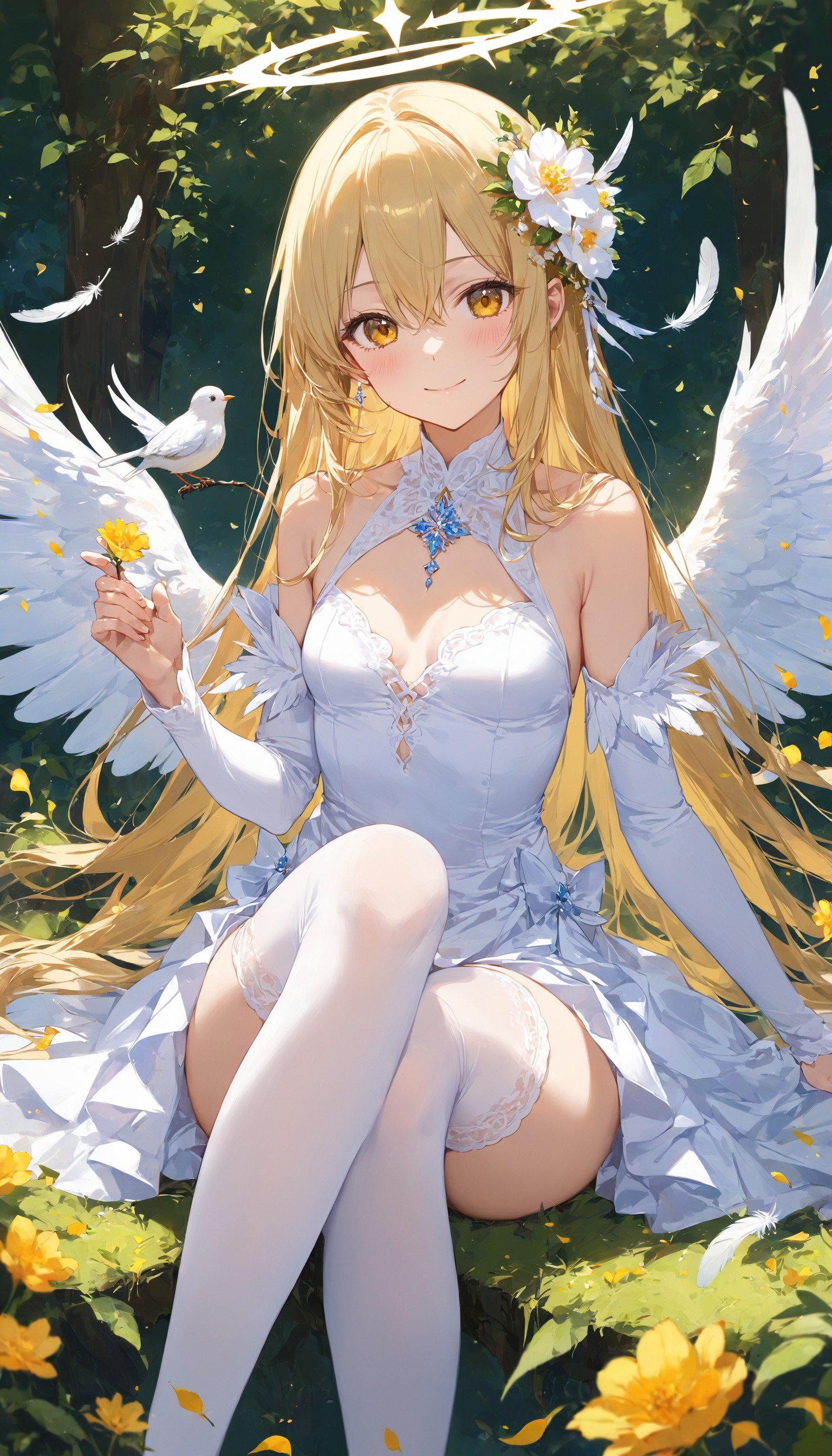 1girl, solo, long hair, breasts, looking at viewer, blush, smile, bangs, blonde hair, hair ornament, thighhighs, long sleeves, dress, hair between eyes, bare shoulders, sitting, very long hair, closed mouth, yellow eyes, flower, small breasts, detached sleeves, wings, sleeveless, hair flower, white dress, white thighhighs, sleeveless dress, feet out of frame, bird, halo, feathers, feathered wings, white sleeves, bird on hand,masterpiece, best quality, score_9, score_8_up, score_7_up, ultra-detailed, Best-A, Medium-B, Low-C, Bad-D,