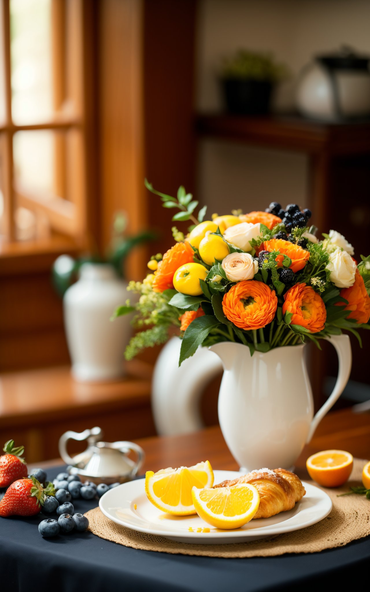 a table with a croissant,fruit,and a coffee pot on it with a vase of flowers,food,fruit,no humans,food focus,still life,blurry,strawberry,flower,cup,table,plate,realistic,lemon,orange (fruit),indoors,blueberry,blurry background,bread,plant,,