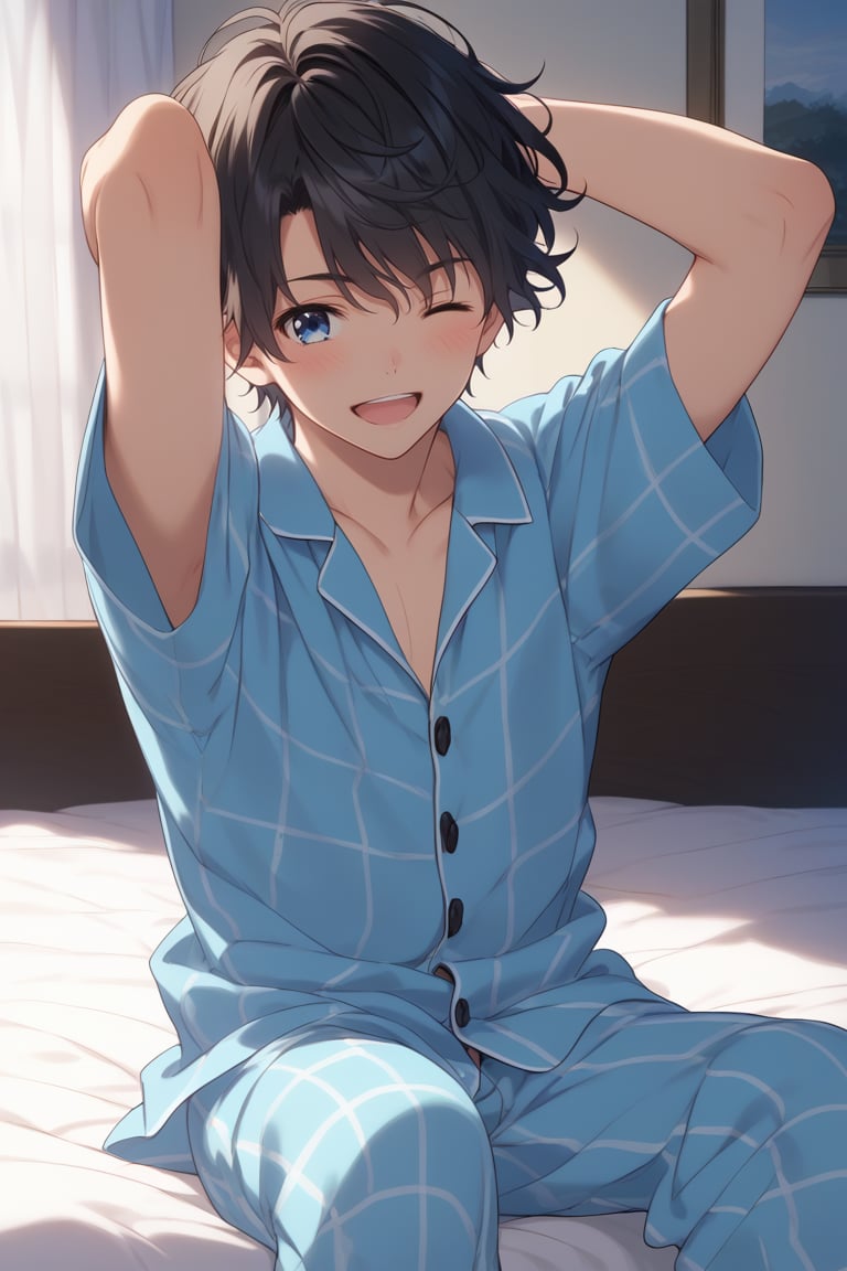 Score_9,score_8_up,score_7_up,Highly detailed, masterpiece, high quality, beautiful, high resolution, good details,1boy,solo,male focus,mezcla5v2,cowboy shot,black hair,blue eyes,smile,bedroom,one eye closed,open mouth,pijama,pajama,tartan pajama,collarbone,sit in bed,blush,wavy_hair,short hair,arms_above_head<lora:EMS-412513-EMS:1.000000>