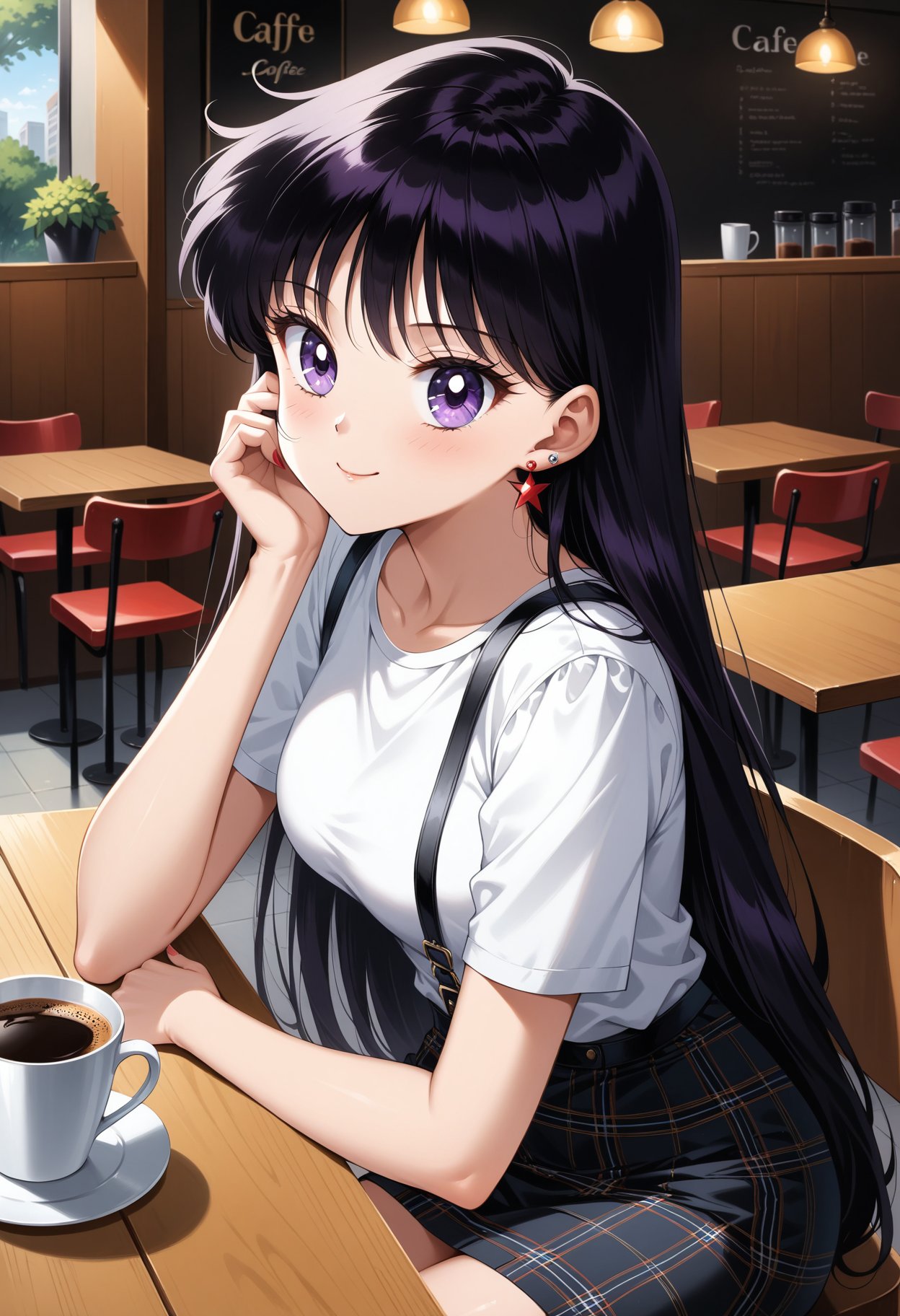 (masterpiece, best quality, very aesthetic, ultra detailed), intricate details, 4k, aamars, long hair, black hair, earrings, <lora:sailor_mars_animaginexl_v1:0.9>, casual, miniskirt, suspender skirt, plaid skirt, sitting, cafe, table, coffee, cup, smile, hand on own face,