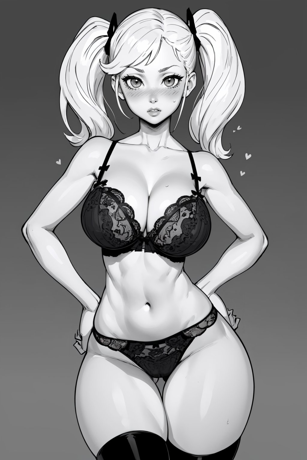 (masterpiece, best quality:1.2),  <lora:bbcchan:.95>, bbcchan, 1girl, greyscale, underwear, breasts, monochrome, panties, solo, bra, thighhighs, blush, navel, underwear only, twintails, thick thighs, wide hips, curvy, panty pull, looking at viewer, heart, thighs, cleavage