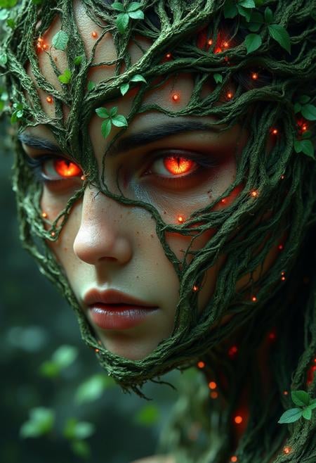 A woman's face with glowing red eyes and green vines growing on her skin, in the forest, fantasy art style, hyper realistic, cinematic, close up, pov from the side. hkevil,