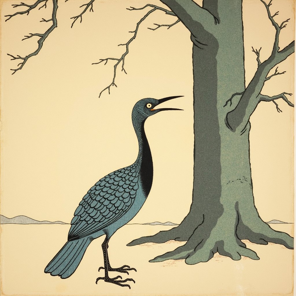 there is a bird that is standing next to a tree,Ohara Koson,Koson Ohara,Tsukioka Yoshitoshi,japanese woodblock print,sosaku hanga,colored woodblock print,ukiyoe,Hiroshi Yoshida,Utagawa Hiroshige II,Itō Shinsui,japanese print art,japanese woodblock,Yoshitoshi ABe,sōsaku hanga,in japanese woodblock print,ukiyo e,master color woodblock print,Utagawa Hirokage,yasunari ikenaga,Takehisa Yumeji,1 8 th century japanese painting,shinsui ito,(art nouveau),ukiyo-e,ukiyo - e,( art nouveau ),Paul Ranson,ukiyo-e print,japanese scenery in edo period,Utagawa Kuniyoshi,old japanese art,Hiroshige,