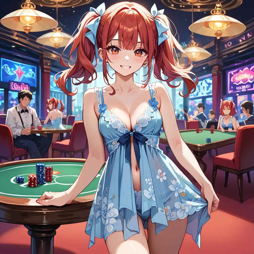 score_9, score_8_up, score_7_up,source_anime, 1woman, cute, looking at viewer, red hair,  ribbon twin tails, seductive smile,  blue babydoll, white floral ornaments, floral print poker casino, standing,  <lora:V2 floral front open Babydoll  smaller:1> 