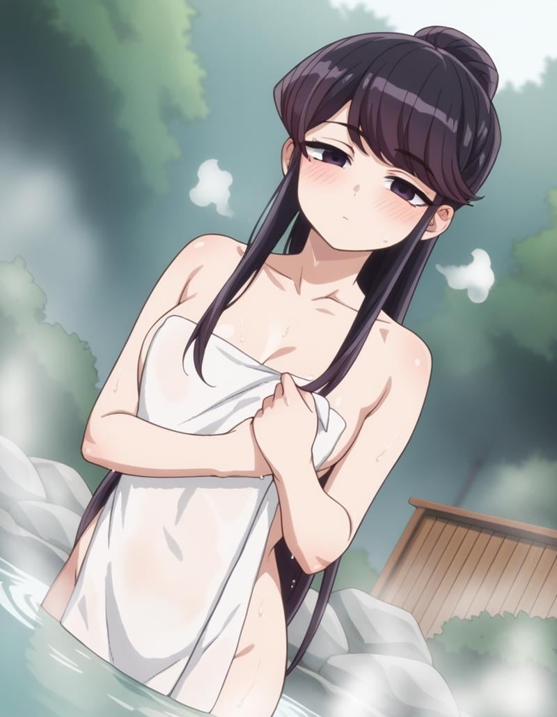 score_9, score_8_up, score_7_up, source_anime,shoukokomi, <lora:shouko-komi-s1s2-ponyxl-lora-nochekaiser:1>,shouko komi, long hair, bangs, black hair, black eyes, half-closed eyes,nude, naked, outdoors, onsen, towel, naked towel, steam, bathing, nude cover, partially submerged, water, bath, steam censor, wet towel, blush,looking at viewer, cowboy shot, dutch angle, solo,