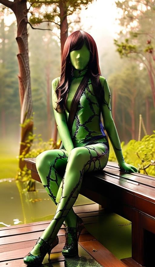 masterpiece, best quality,ultra detailed, a woman, sitting on a bench, wearing a green bodysuit, shiny complicated snake skin pattern on her skin,  long and thin legs, thin body, heels, small Breast, long black hair, dramatic lighting,  specular skin, facing camera, clear face, forest background, <lora:taiwanDollLikeness_v1:0.1>   <lora:zentaiV1.8:1>, wearing song hanfu, Chinese traditional clothing,  <lora:hanfu_v30Song:0.35>