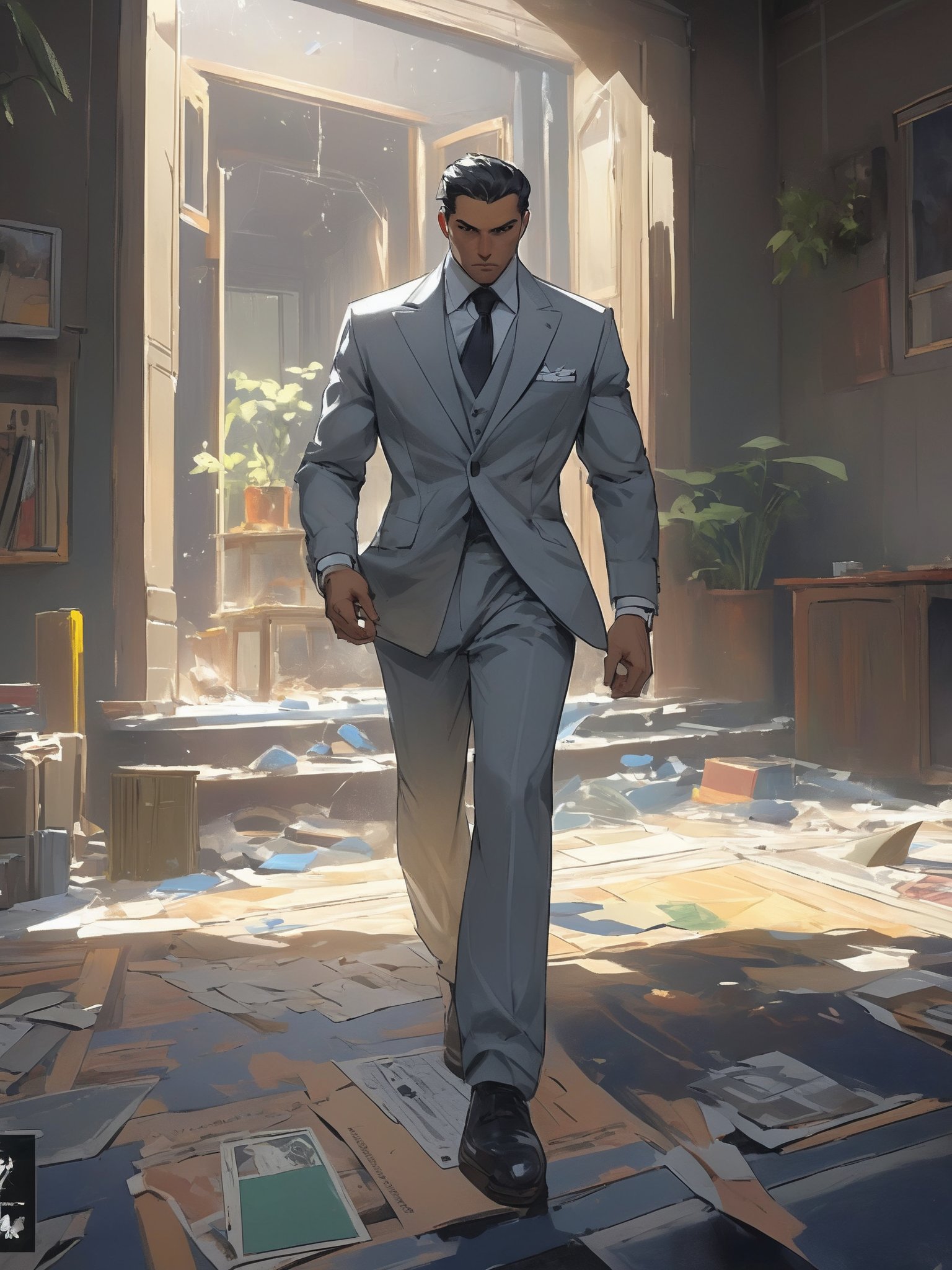 A captivating portrait of Edgar Valdez, a notorious drug lord turned informant. With a chiseled face, piercing eyes, and slicked-back hair, Valdez exudes both power and menace. He wears a tailored suit, a symbol of his former affluence, and holds a lit cigar in one hand. The background is a dimly-lit room with shadows cast across the walls, creating an atmosphere of mystery and danger. epic action, Unreal Engine, cinematic award winning artwork, many details, extreme detailed, full of details,Wide range of colors., dramatic, Dynamic,Cinematic,Sharp details, Insane quality. Insane resolution. Insane details. Masterpiece. 32k resolution. casting shadow style, cucoloris patterned illumination,  dvr-lnds-sdxl, ral-dissolve, ral-ertmsphr, ral-porcelain, ral-pxlprtcl, Niji, aidma-niji