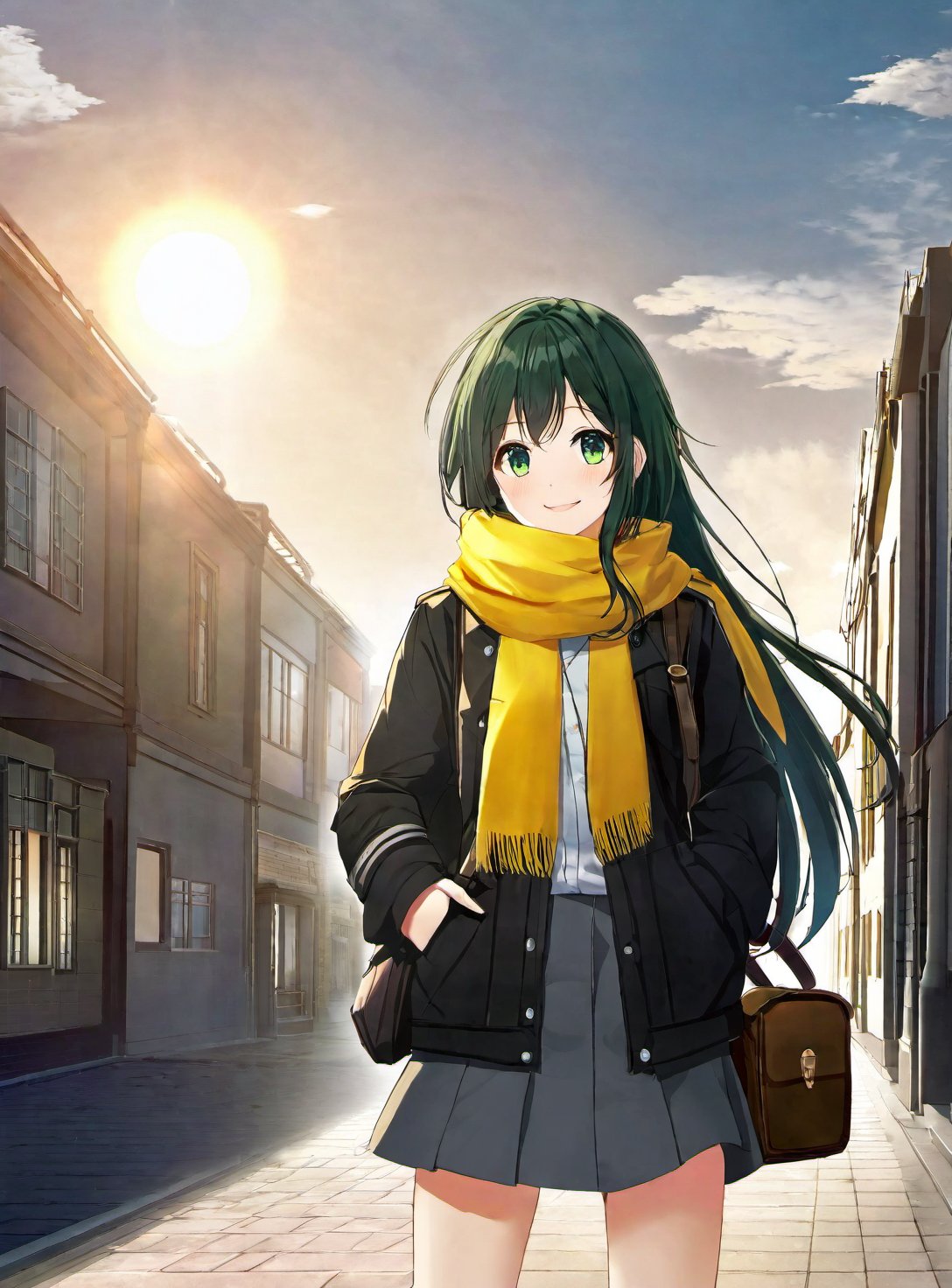 a young woman with long, dark green hair and green eyes. She is wearing a black jacket, a white shirt, a gray skirt,  and black boots. She is also wearing a yellow scarf and a brown bag. The woman is standing in a city street, and there are buildings and trees in the background. The sun is shining, and there are clouds in the sky. The woman is smiling and looks happy