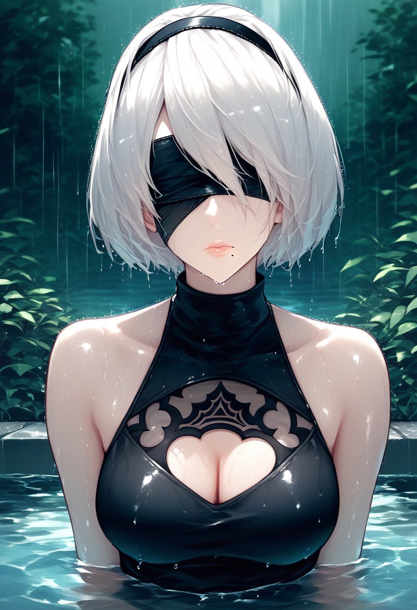 score_9, score_8_up, score_7_up, score_6_up, source_anime, <lora:RLI 0.2v:1>, RLI,1girl, yorha no. 2 type b, solo, blindfold, black blindfold, rain, wet, mole under mouth, white hair, mole, short hair, water, hairband, bare shoulders, upper body, breasts, lips, dress, partially submerged, black dress, turtleneck, wet hair, covered eyes, black hairband, facing viewer, medium breasts, clothing cutout, closed mouth, sleeveless, wet clothes, cleavage cutout, outdoors, collarbone, nose, bangs