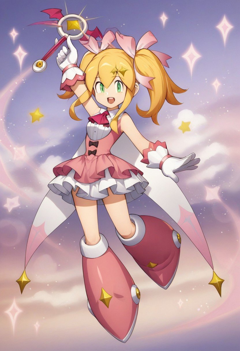 score_9,score_8_up,score_7_up,source_anime, Roll (Halloween),1girl,solo,looking at viewer,smile,open mouth,skirt,gloves,dress,holding,full body,:d,boots,sleeveless,white gloves,star \(symbol\),arm up,side ponytail,magical girl,knee boots,pink dress,wand,pink footwear,holding wand,