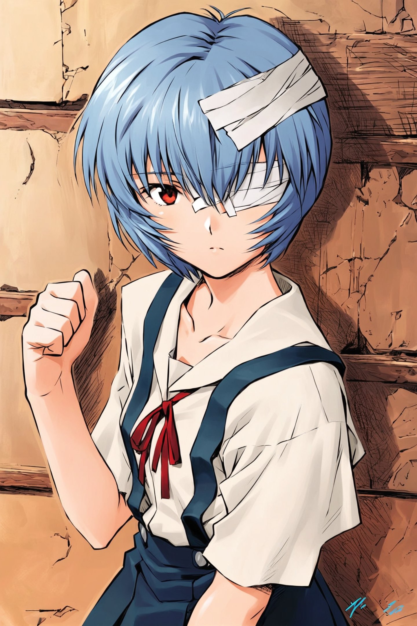 1girl,ayanami rei,short hair,blue hair,bandages,school uniform,solo,bandage over one eye,red eyes,ribbon,looking at viewer,tokyo-3 middle school uniform,shirt,short sleeves,closed mouth,neck ribbon,clenched hand,white shirt,cowboy shot,hand up,skirt,red ribbon,bandaged head,suspender skirt,expressionless,bangs,collarbone,signature,standing,bow,suspenders,arm at side,<lora:Sadamoto Yoshiyuki_XL_kohaku:0.8>,