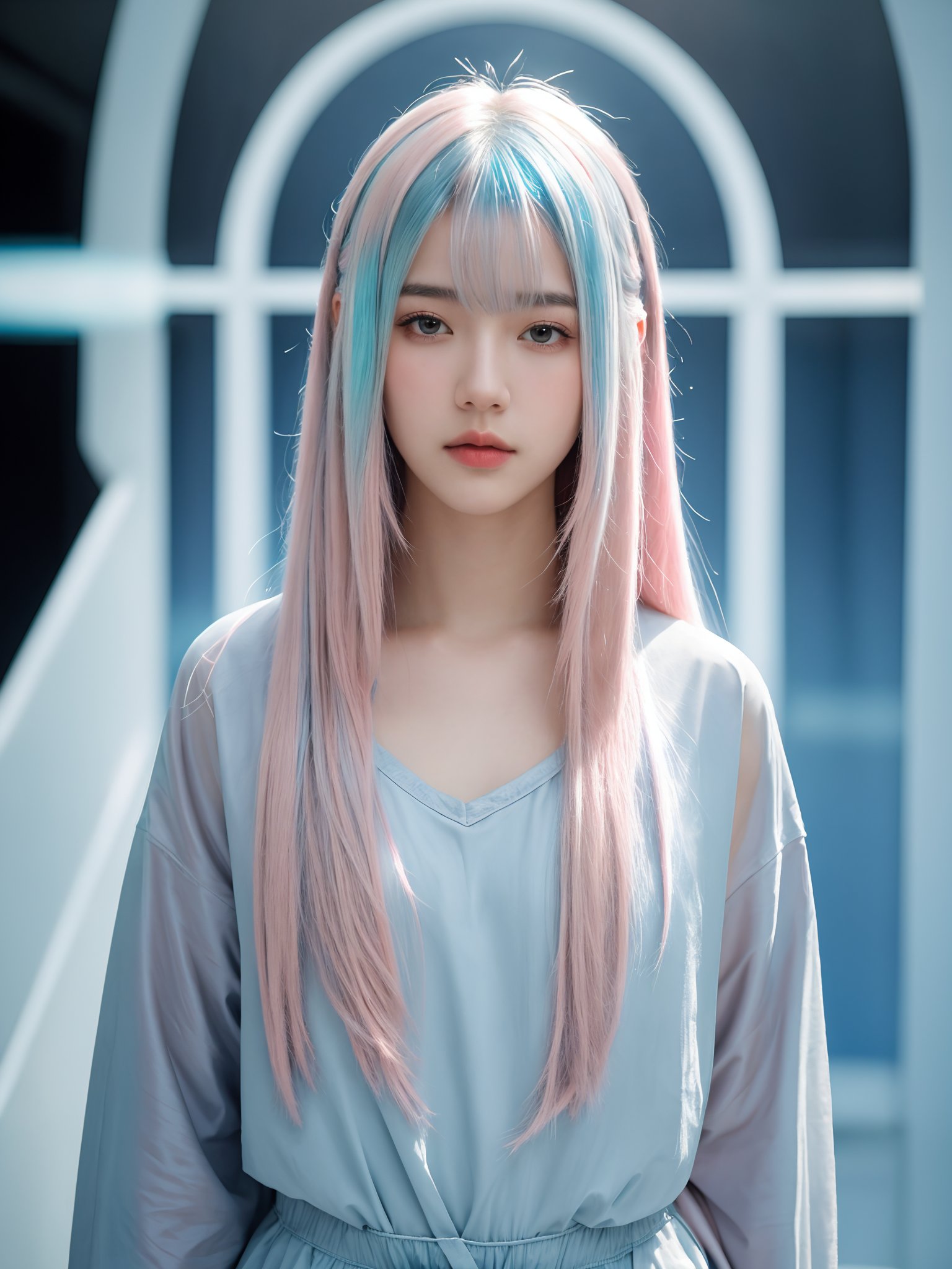 watercolor painting,(masterpiece, realistic:1.3), (extremely intricate:1.2),full body of a girl,sliver gradient hair,(sliver hair:1.1),(light blue hair:1.1),(pink hair:1.2),medium_shot,solo,long hair,, Science fiction style, futurism, space exploration, mechanical elements, interplay of light and shadow, cool tones, futuristic technology, a sense of otherness, mysterious atmosphere, visual impact, artistic innovation, thought-provoking, Best quality, masterpiece, ultra high res, (photorealistic:1.4),texture skin