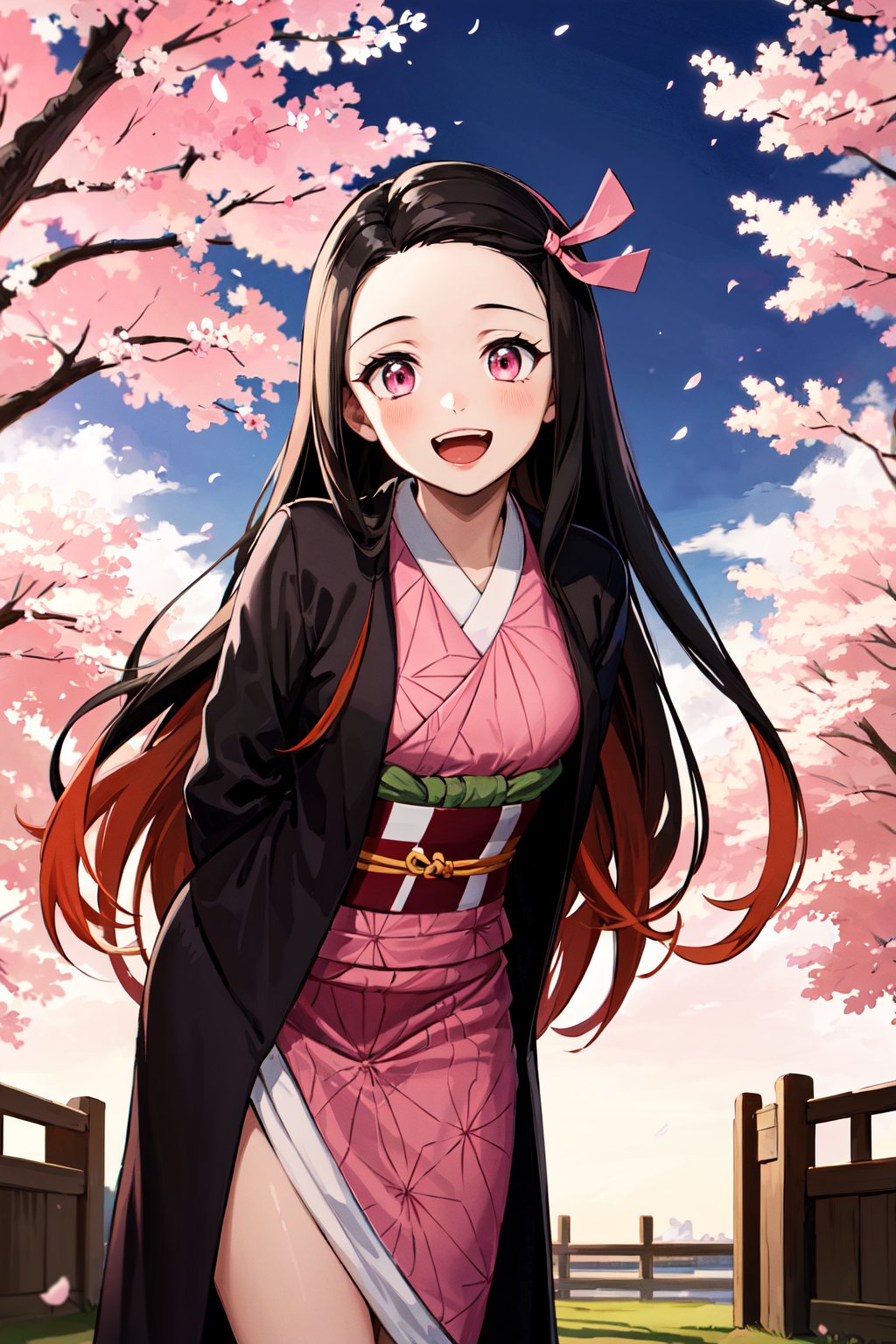 masterpiece, best quality, highres, aanezuko, long hair, multicolored hair, hair ribbon, japanese clothes, pink kimono, haori, black jacket, long sleeves, checkered sash, obi, <lora:kamado_nezuko_v1:0.7>, (arms behind back:1.2), smile, open mouth, standing, cowboy shot, leaning forward, bent over, outdoors, cherry blossoms, night