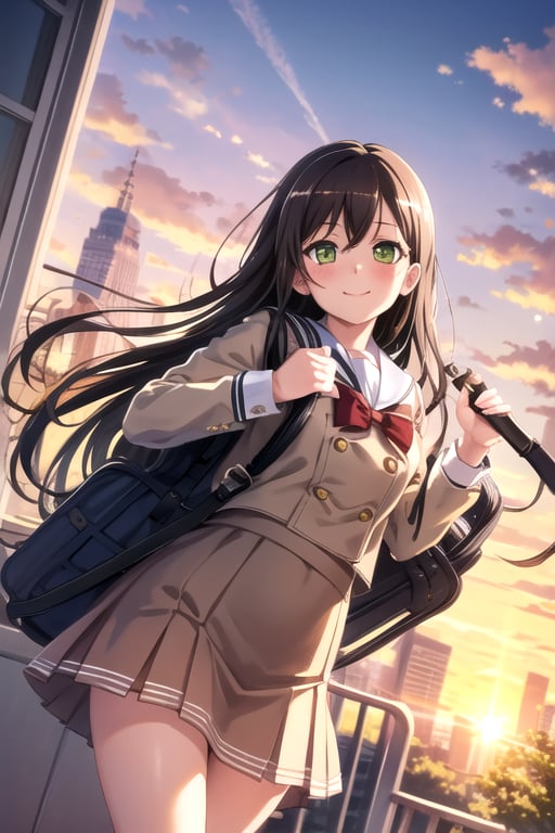 <lora:TAE-05:0.7> ,TAE, 1girl, solo, long hair, looking at viewer, blush, smile, skirt, black hair, long sleeves, bow, closed mouth, school uniform, green eyes, pleated skirt, outdoors, sky, serafuku, cloud, sailor collar, bag, red bow, tree, buttons, sunlight, building, lens flare, school bag, sunset, brown skirt, white sailor collar, double-breasted, brown dress, holding strap, instrument case, guitar case, hanasakigawa school uniform