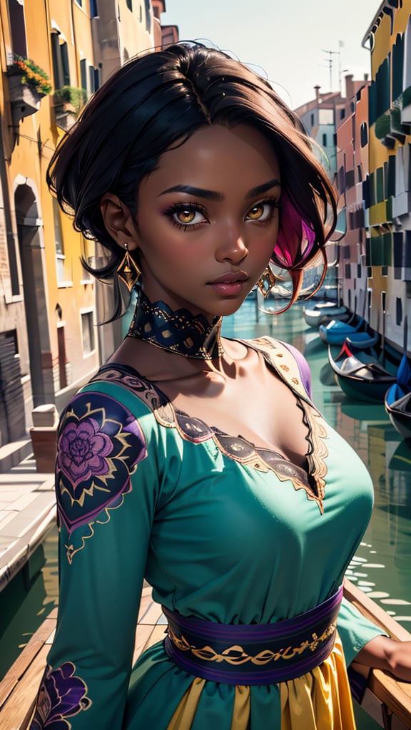 (best quality, masterpiece, colorful, highest detailed) upper body photo, fashion photography of cute photo of a beautiful, black skin, dark skin, African supermodel, purple makeup, dawn, Venice, gondola, colorful dress, yellow&purple theme, Porta 160 color, shot on Leica T, sharp focus on subject, shot by Anne Geddes, (cinematic, purple and yellow:0.85), (vibrant color), (intricate details), (dynamic angle)